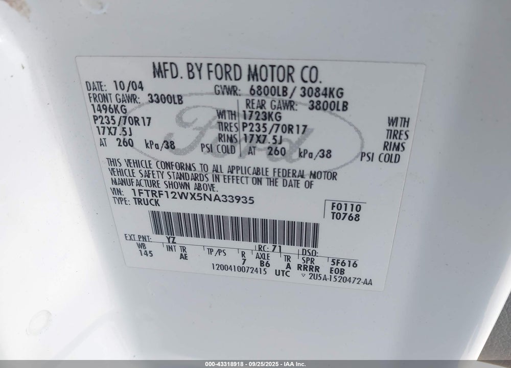 2005 FORD F-150 STX/XL/XLT VIN: 1FTRF12WX5NA33935