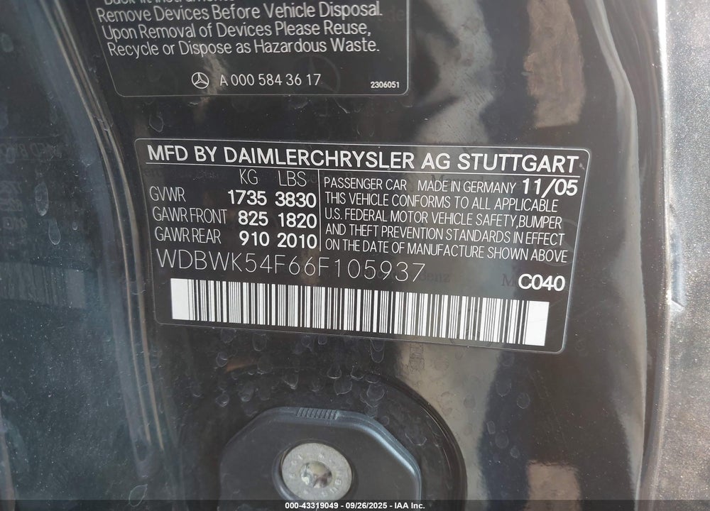 2006 MERCEDES-BENZ SLK 280 VIN: WDBWK54F66F105937