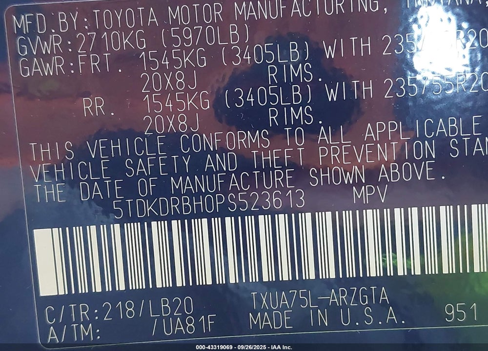 2023 TOYOTA HIGHLANDER VIN: 5TDKDRBH0PS523613