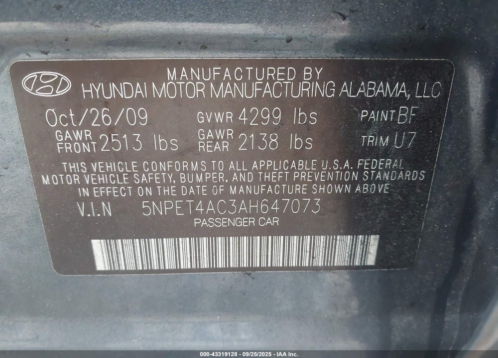 2010 HYUNDAI SONATA VIN: 5NPET4AC3AH647073