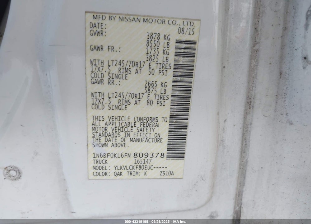2015 NISSAN NV CARGO NV1500 S V6 VIN: 1N6BF0KL6FN809378