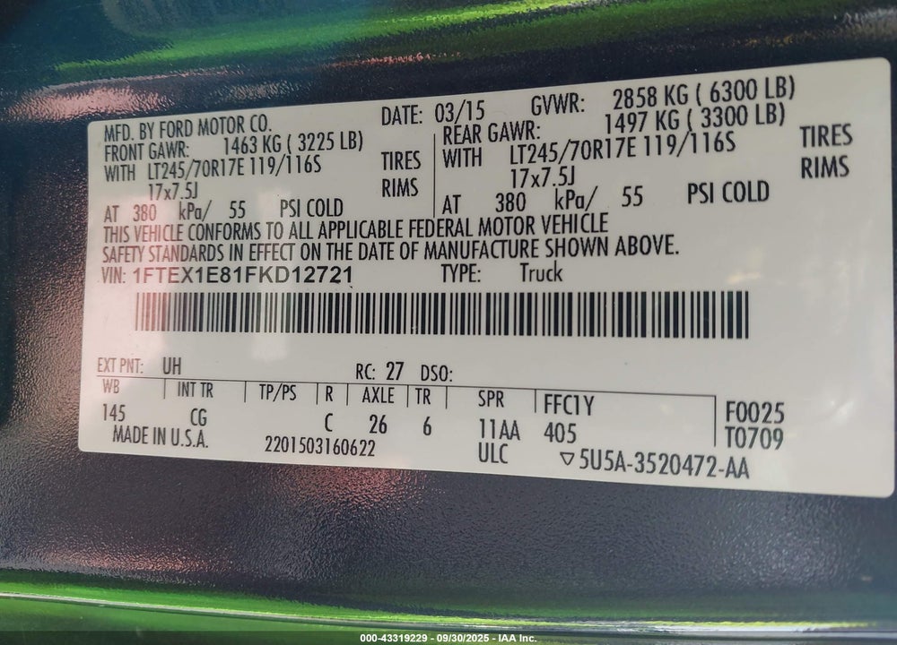 2015 FORD F-150 XL VIN: 1FTEX1E81FKD12721
