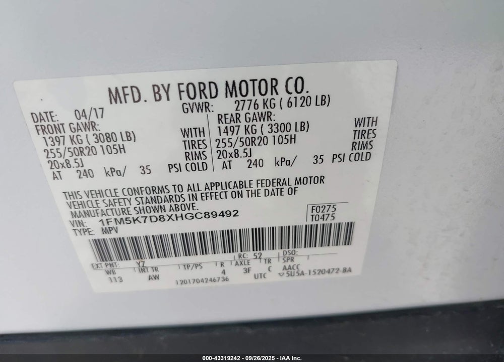 2017 FORD EXPLORER VIN: 1FM5K7D8XHGC89492