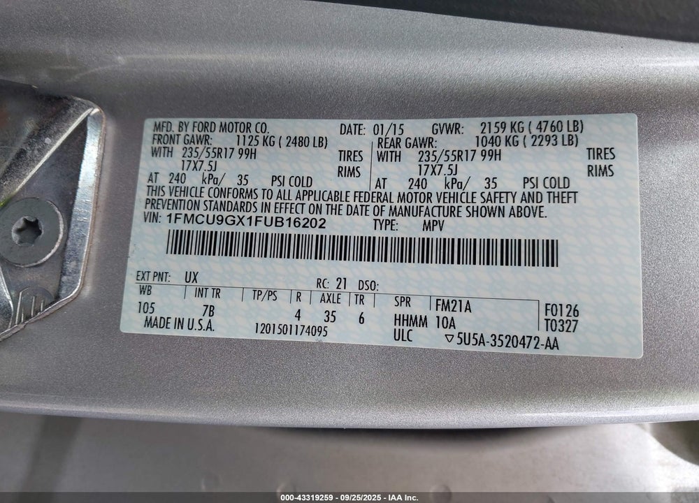 2015 FORD ESCAPE SE VIN: 1FMCU9GX1FUB16202