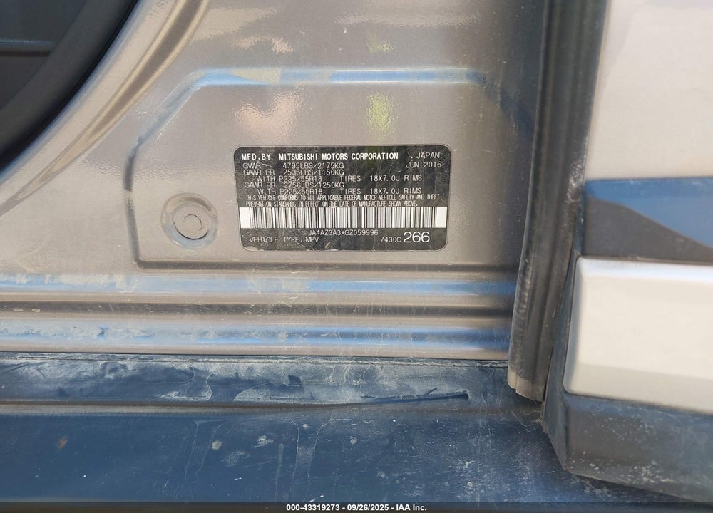 2016 MITSUBISHI OUTLANDER VIN: JA4AZ3A3XGZ059996