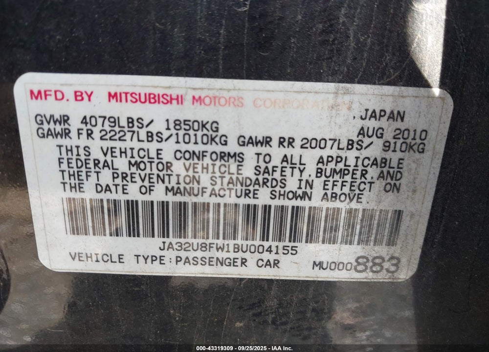 2011 MITSUBISHI LANCER VIN: JA32U8FW1BU004155