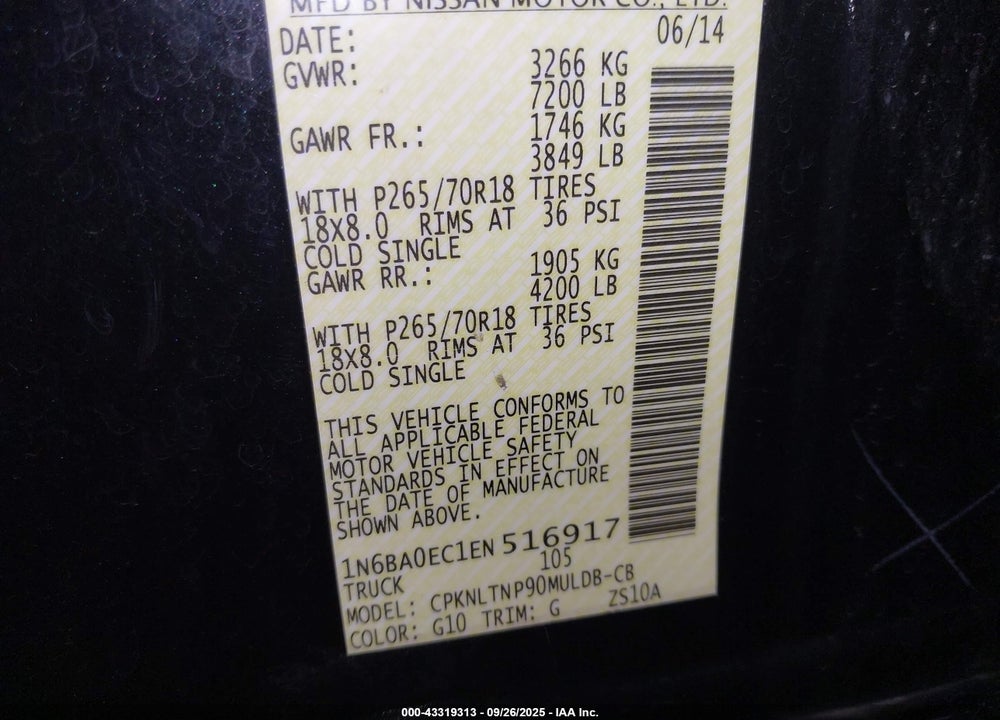 2014 NISSAN TITAN PRO-4X/S/SL/SV VIN: 1N6BA0EC1EN516917