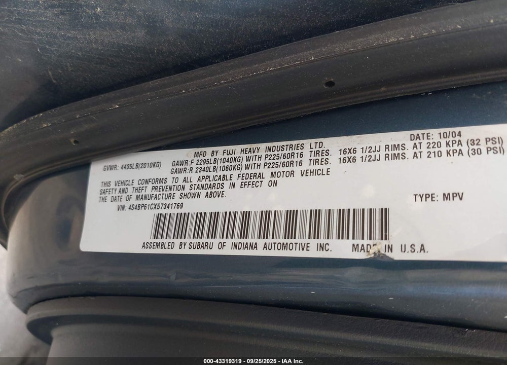 2005 SUBARU OUTBACK 2.5I VIN: 4S4BP61CX57341769