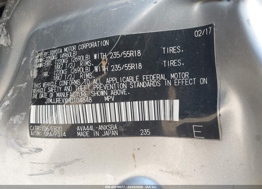 2017 TOYOTA RAV4 HYBRID SE VIN: JTMJJREVXHD104848