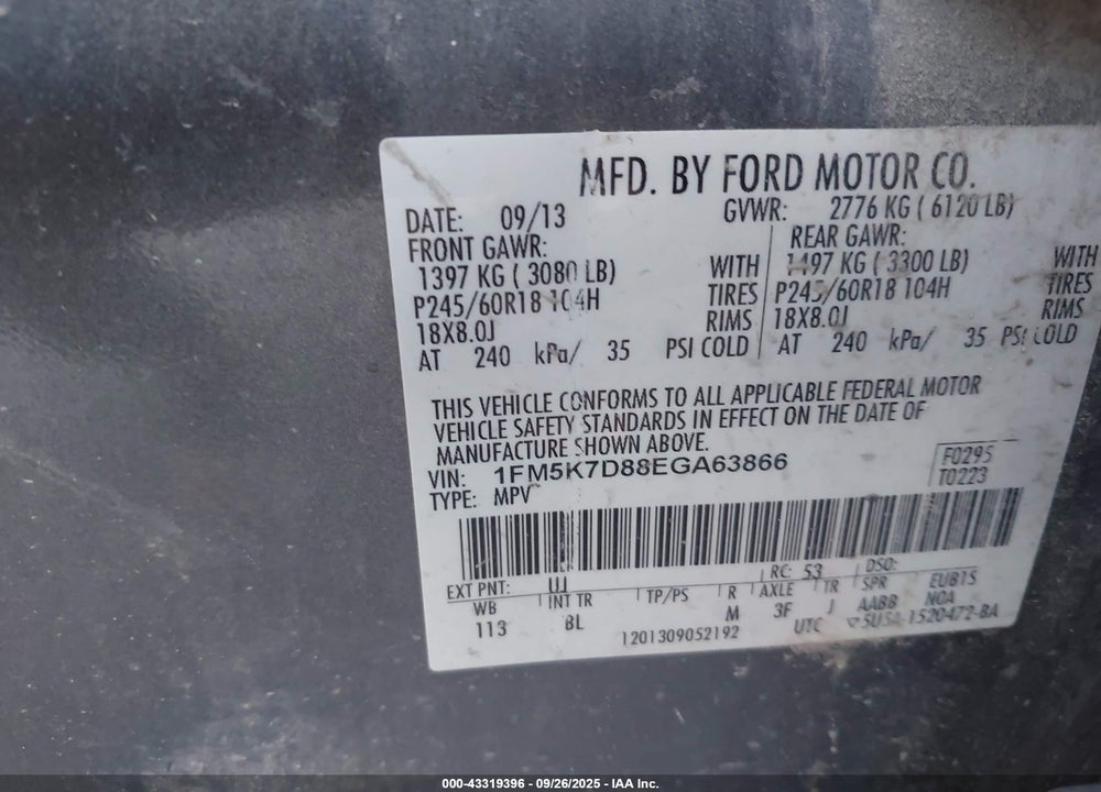 2014 FORD EXPLORER VIN: 1FM5K7D88EGA63866