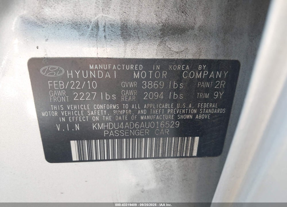 2010 HYUNDAI ELANTRA GLS VIN: KMHDU4AD6AU016529