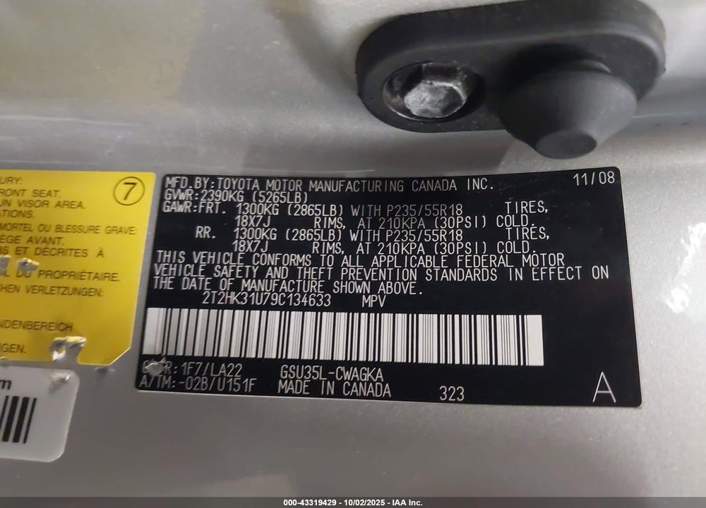 2009 LEXUS RX 350 VIN: 2T2HK31U79C134633