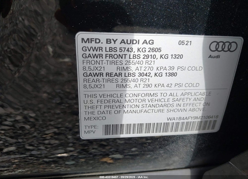 2021 AUDI SQ5 VIN: WA1B4AFY9M2106418
