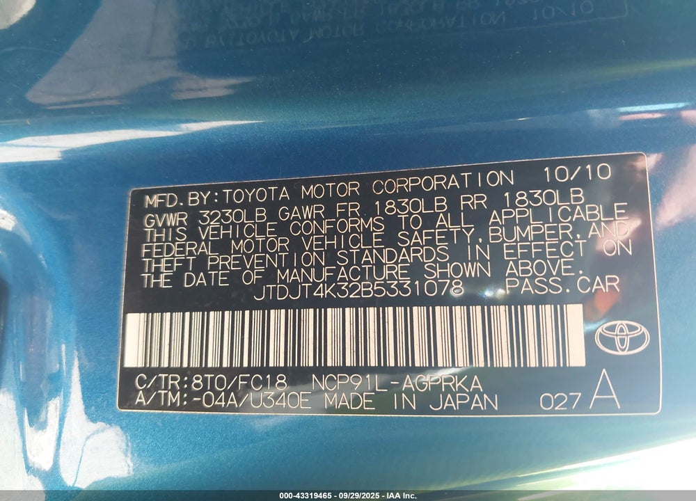2011 TOYOTA YARIS VIN: JTDJT4K32B5331078
