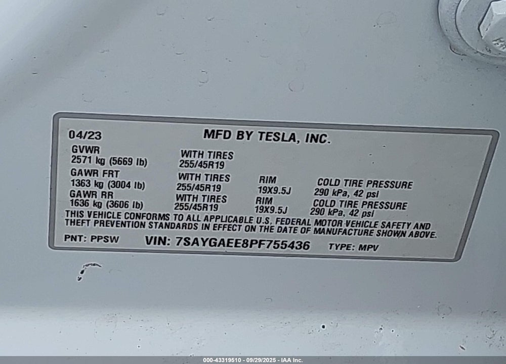 2023 TESLA MODEL Y VIN: 7SAYGAEE8PF755436