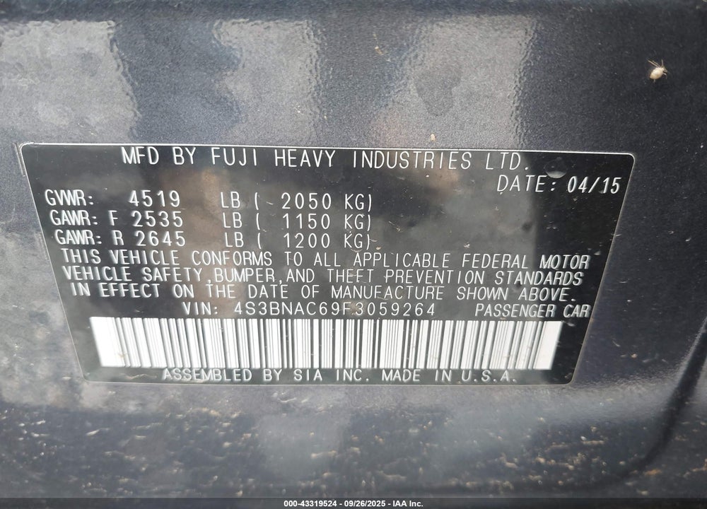 2015 SUBARU LEGACY VIN: 4S3BNAC69F3059264