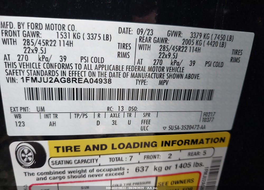 2024 FORD EXPEDITION LIMITED VIN: 1FMJU2AG8REA04938