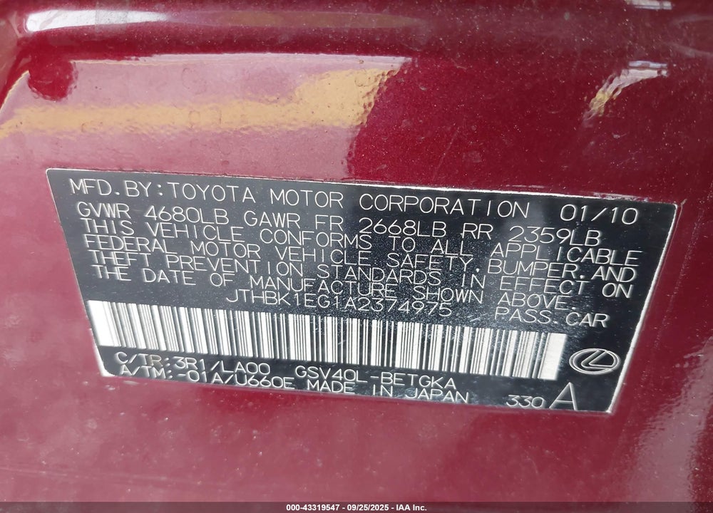 2010 LEXUS ES 350 VIN: JTHBK1EG1A2374975