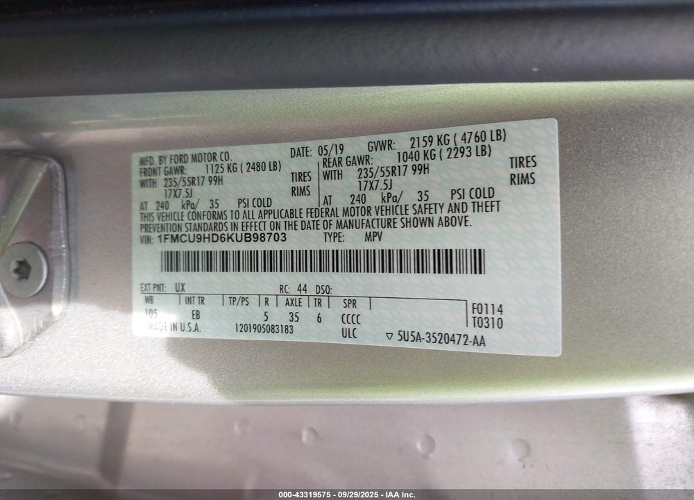 2019 FORD ESCAPE VIN: 1FMCU9HD6KUB98703