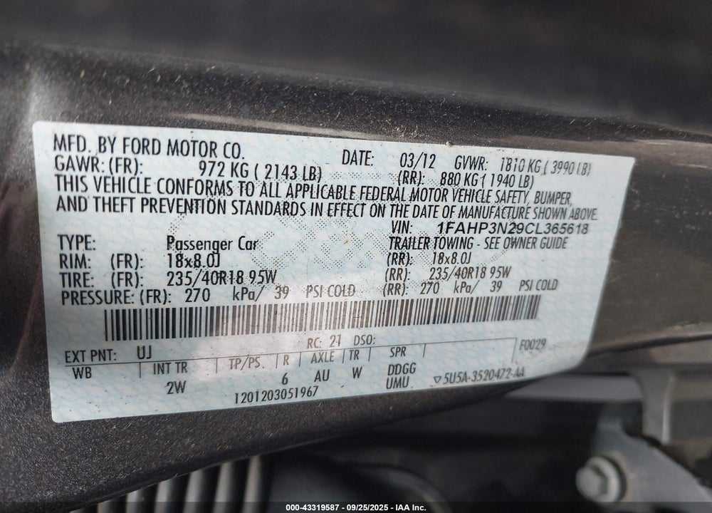 2012 FORD FOCUS VIN: 1FAHP3N29CL365618