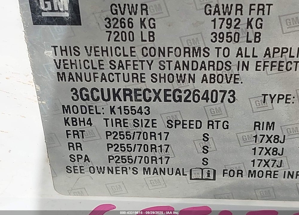 2014 CHEVROLET SILVERADO 1500 VIN: 3GCUKRECXEG264073