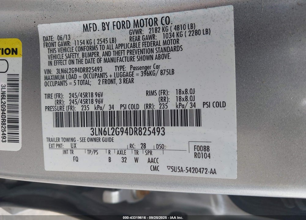 2013 LINCOLN MKZ VIN: 3LN6L2G94DR825493