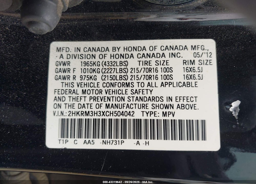 2012 HONDA CR-V VIN: 2HKRM3H3XCH504042