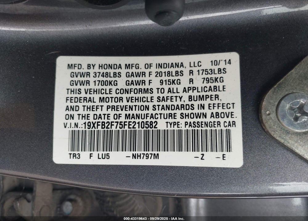 2015 HONDA CIVIC VIN: 19XFB2F75FE210582
