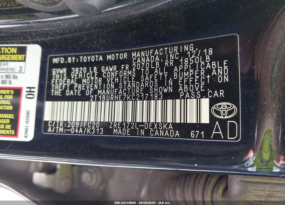 2019 TOYOTA COROLLA SE VIN: 2T1BURHE7KC217183