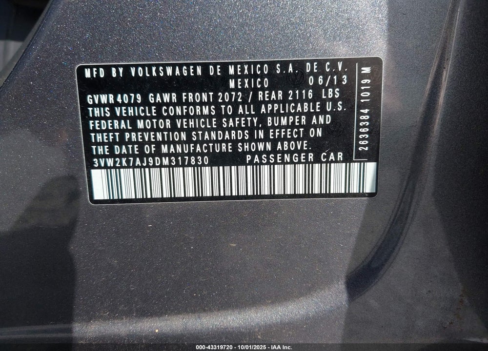 2013 VOLKSWAGEN JETTA VIN: 3VW2K7AJ9DM317830