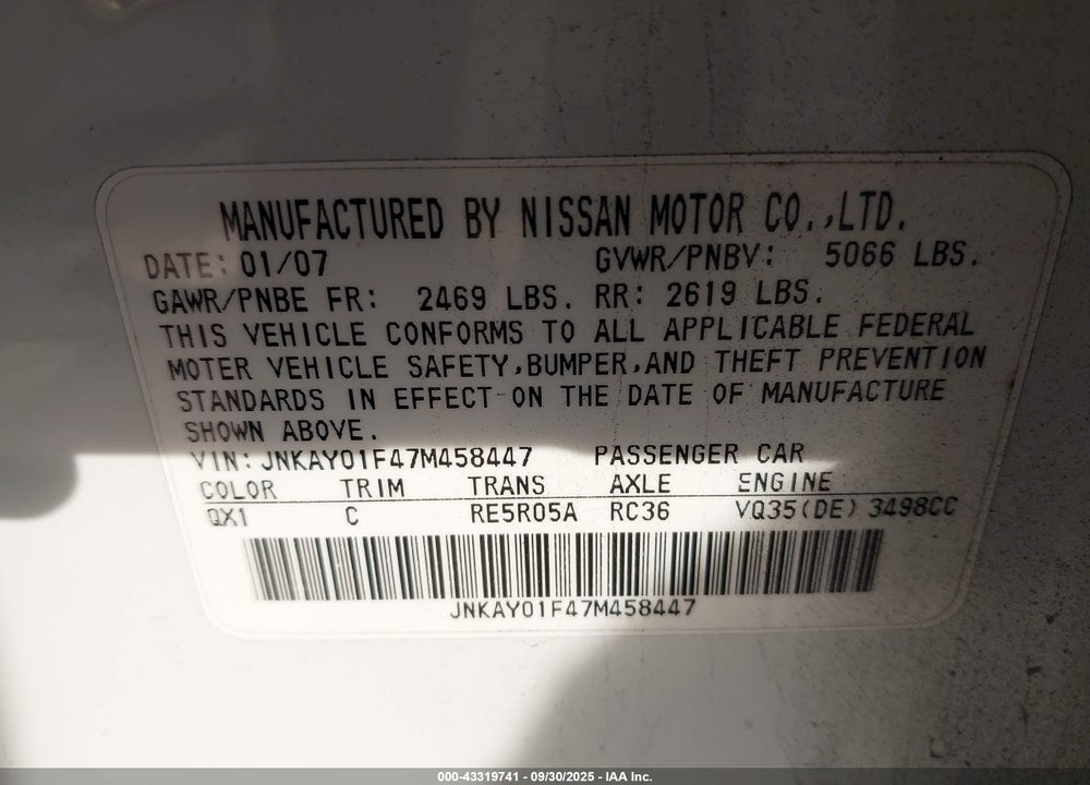2007 INFINITI M35 VIN: JNKAY01F47M458447