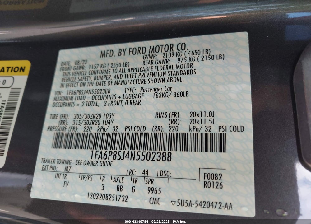 2022 FORD MUSTANG SHELBY GT500 FASTBACK VIN: 1FA6P8SJ4N5502388