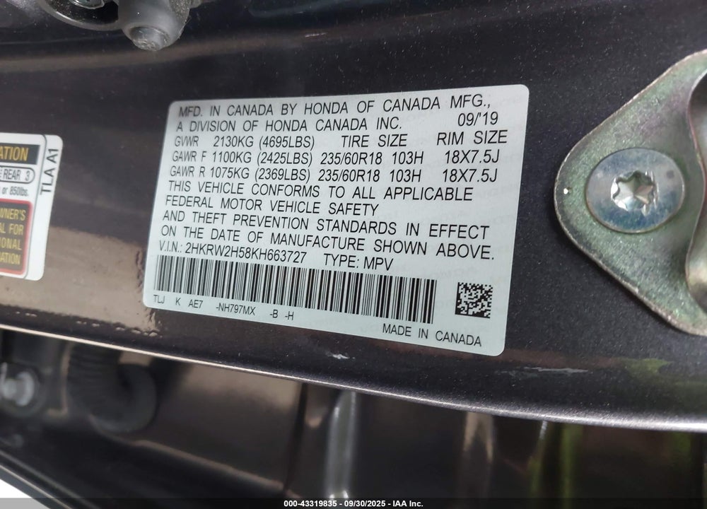 2019 HONDA CR-V VIN: 2HKRW2H58KH663727
