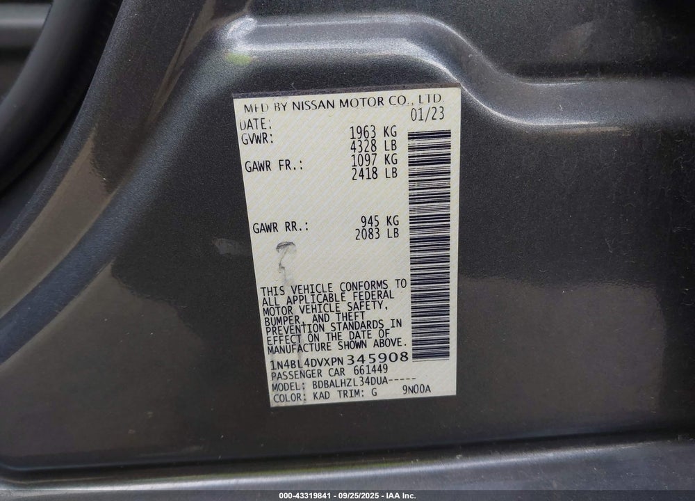 2023 NISSAN ALTIMA SV FWD VIN: 1N4BL4DVXPN345908