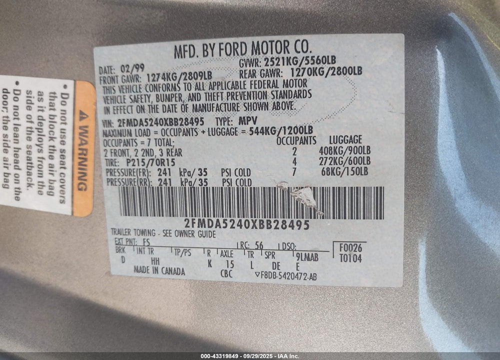 1999 FORD WINDSTAR SE VIN: 2FMDA5240XBB28495