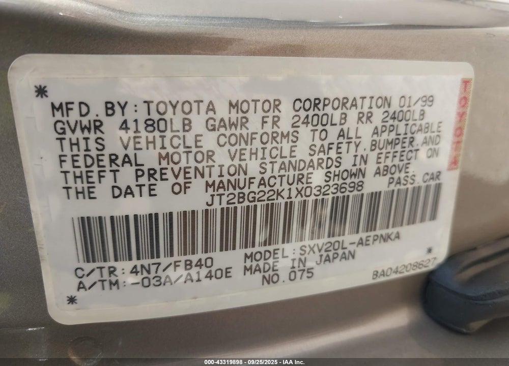 1999 TOYOTA CAMRY LE VIN: JT2BG22K1X0323698