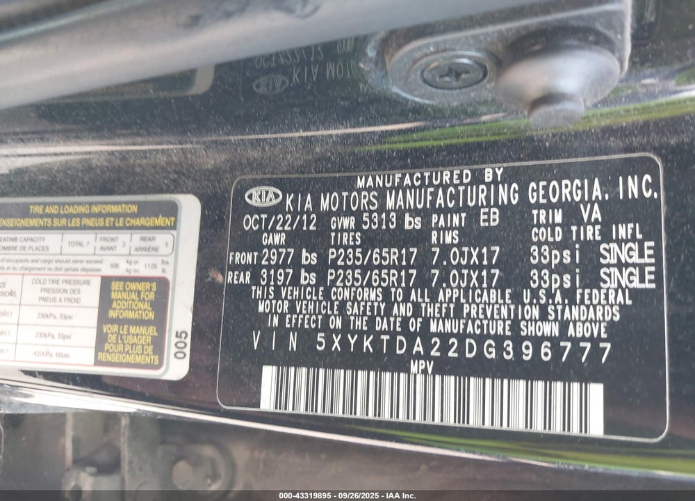 2013 KIA SORENTO VIN: 5XYKTDA22DG396777