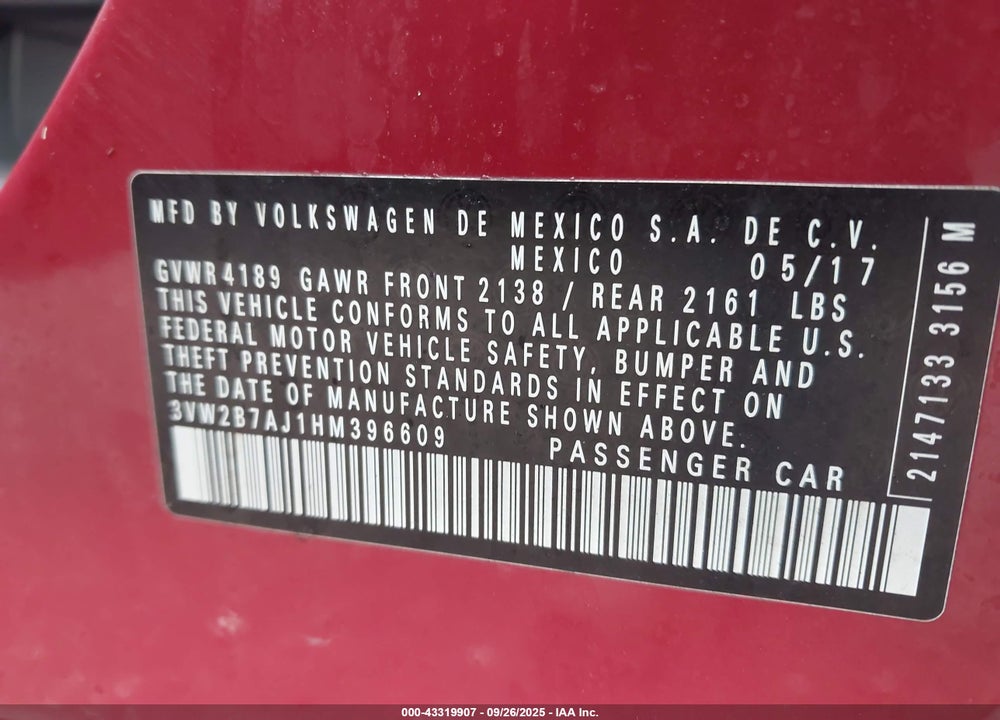 2017 VOLKSWAGEN JETTA VIN: 3VW2B7AJ1HM396609