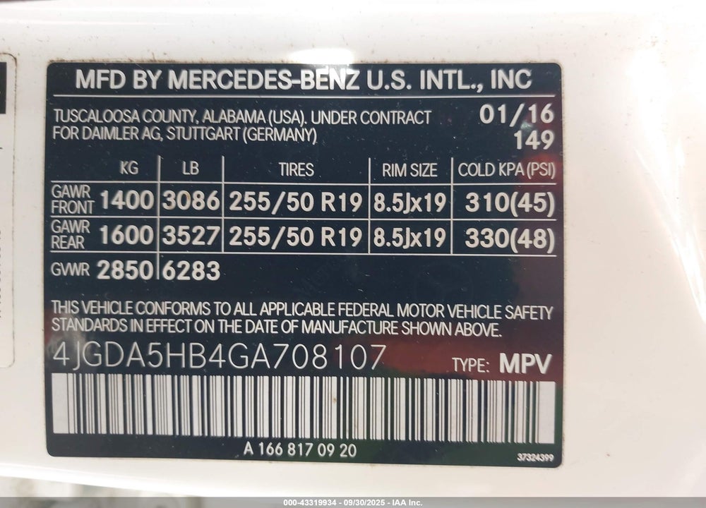 2016 MERCEDES-BENZ GLE 350 VIN: 4JGDA5HB4GA708107