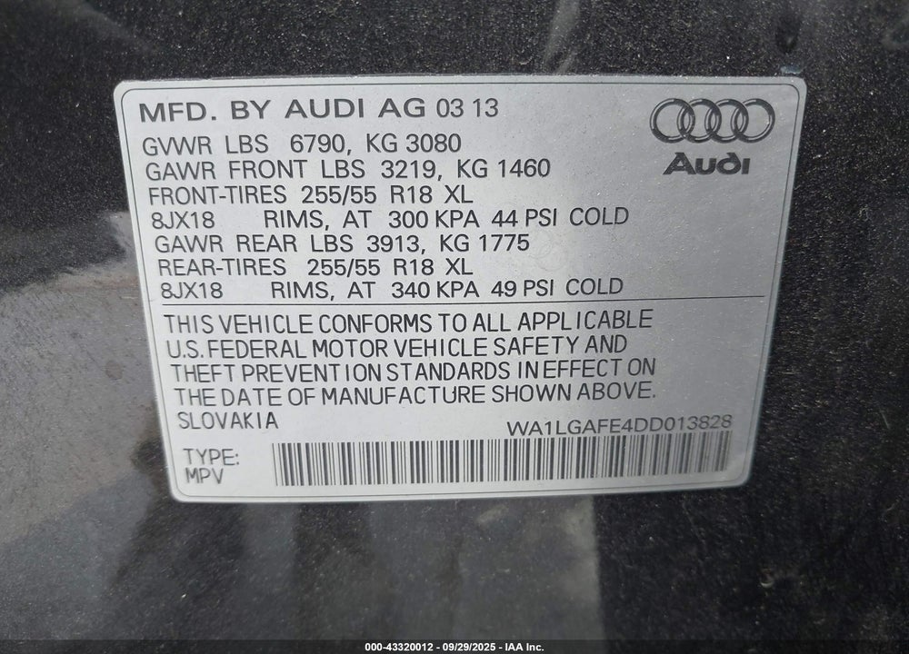 2013 AUDI Q7 VIN: WA1LGAFE4DD013828