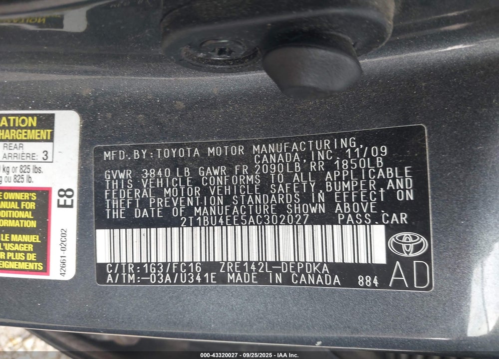 2010 TOYOTA COROLLA VIN: 2T1BU4EE5AC302027