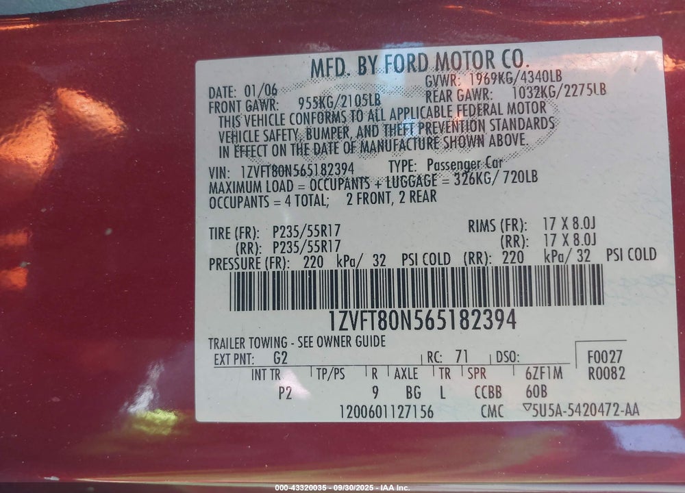 2006 FORD MUSTANG V6 VIN: 1ZVFT80N565182394
