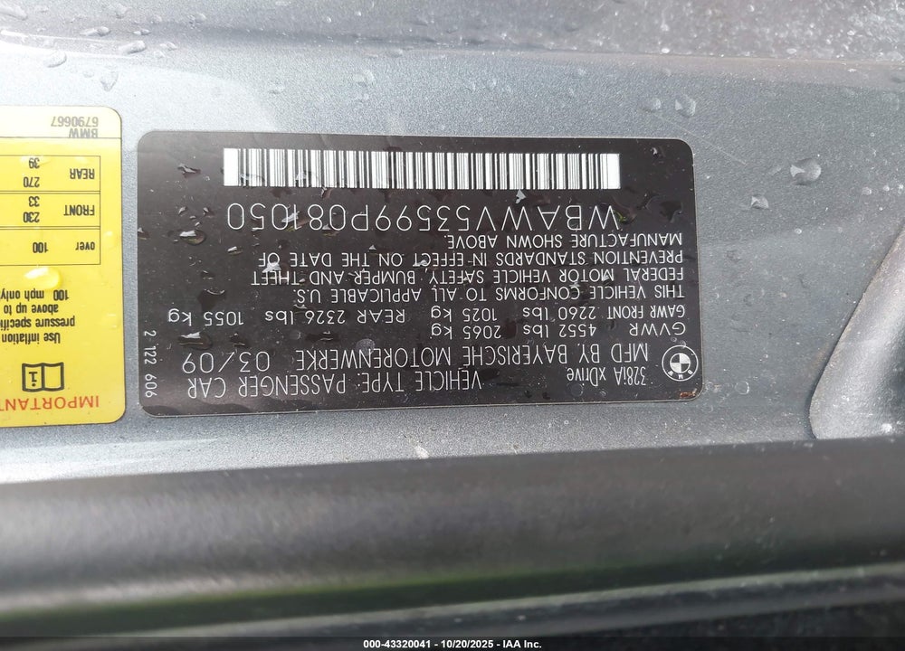2009 BMW 3 SERIES VIN: WBAWV53599P081050