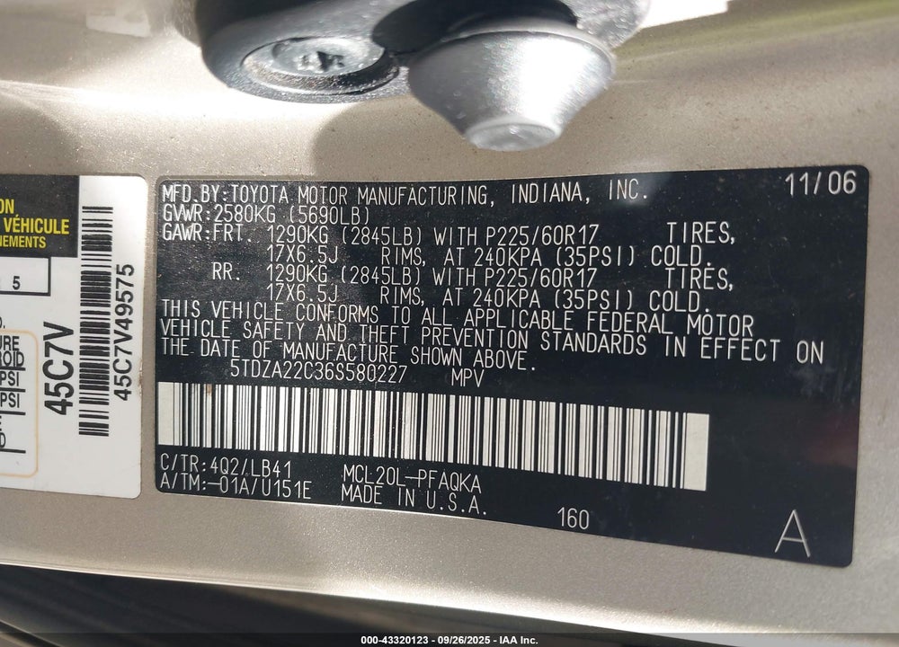 2006 TOYOTA SIENNA XLE VIN: 5TDZA22C36S580227