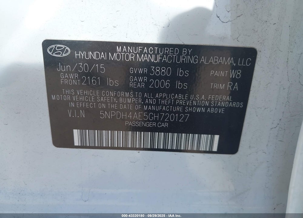 2016 HYUNDAI ELANTRA SE VIN: 5NPDH4AE5GH720127