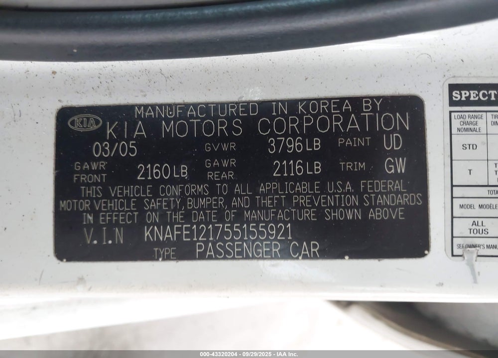 2005 KIA SPECTRA EX/LX/SX VIN: KNAFE121755155921