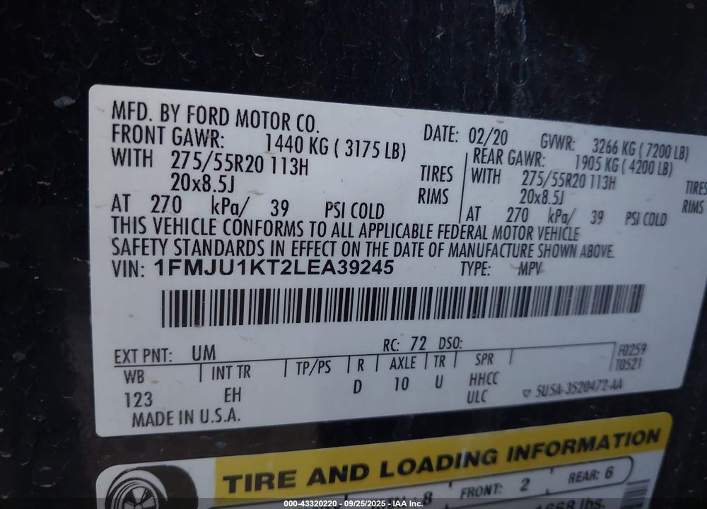 2020 FORD EXPEDITION LIMITED VIN: 1FMJU1KT2LEA39245