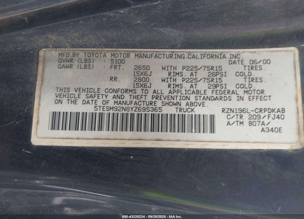 2000 TOYOTA TACOMA PRERUNNER VIN: 5TESM92N8YZ695365