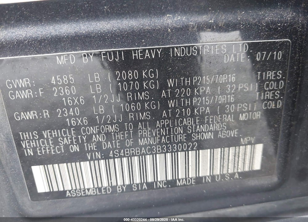 2011 SUBARU OUTBACK 2.5I VIN: 4S4BRBAC3B3330022