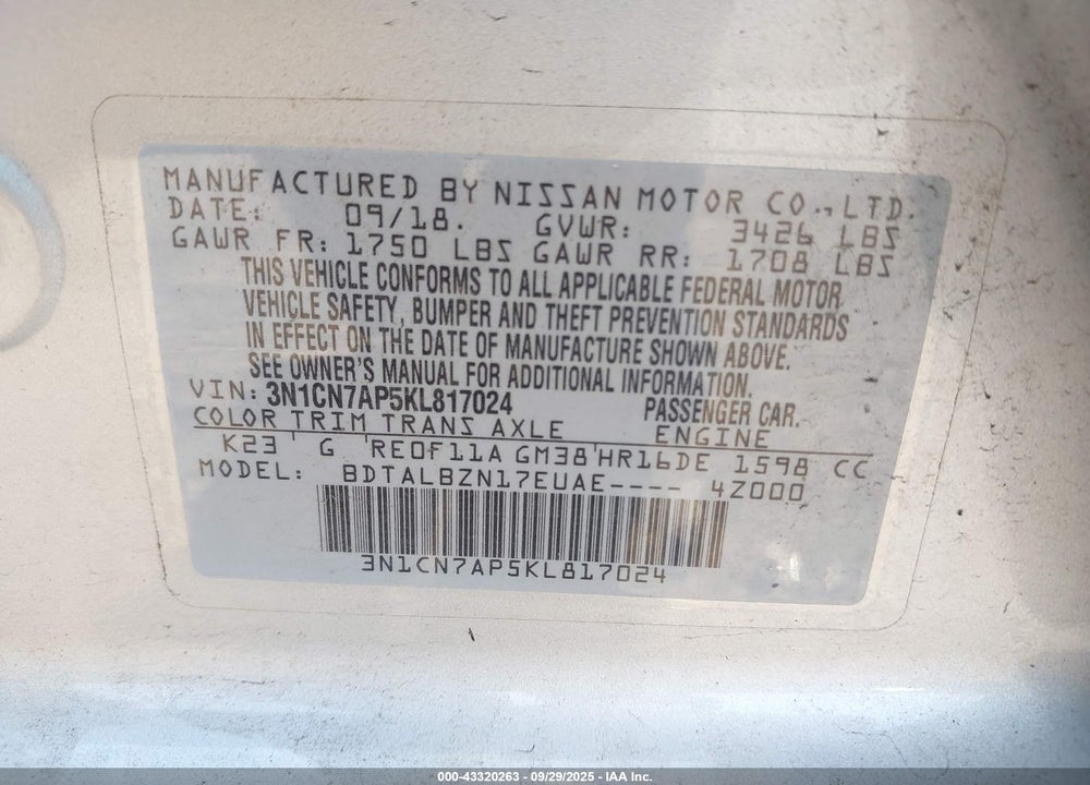 2019 NISSAN VERSA 1.6 SV VIN: 3N1CN7AP5KL817024